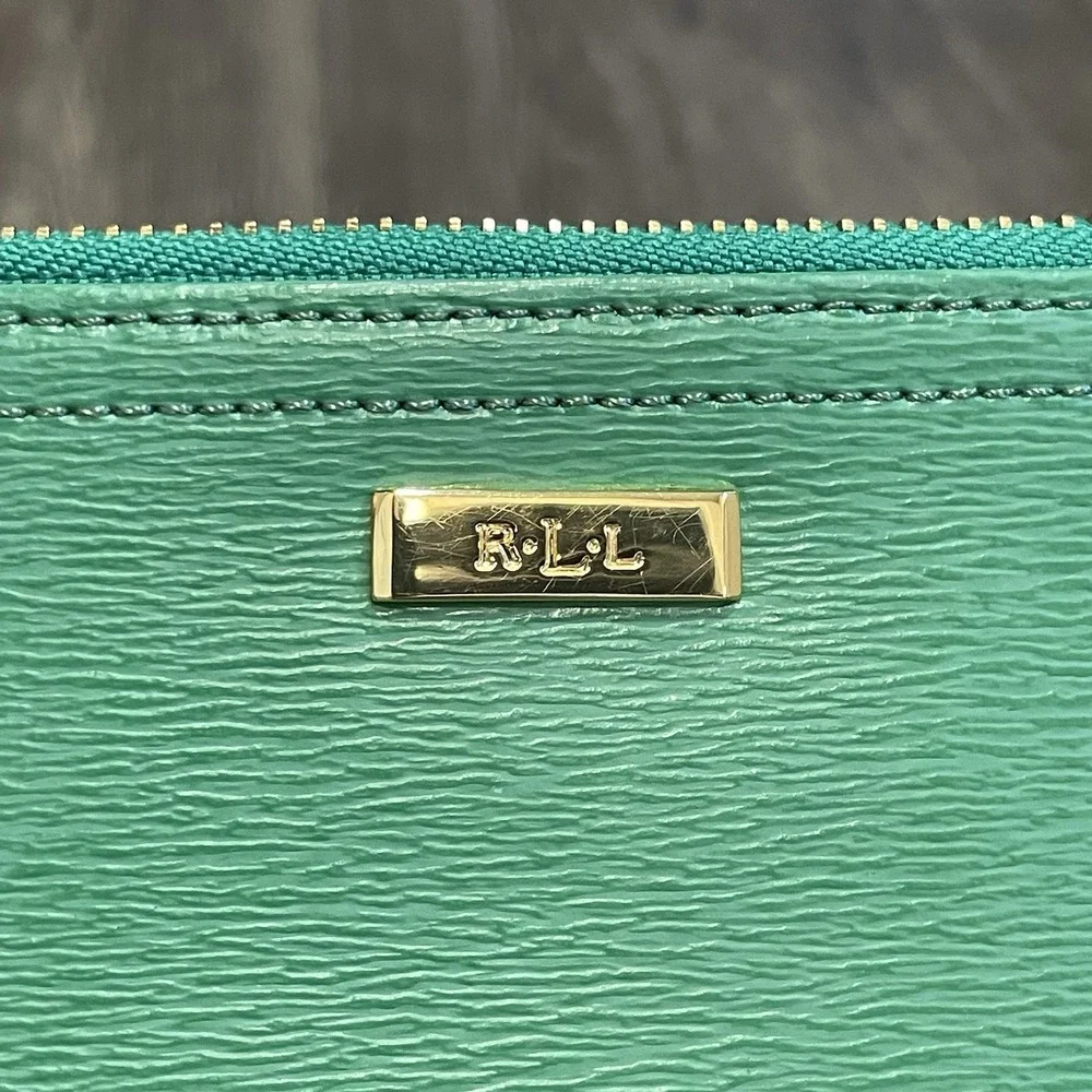 Lauren Ralph‎ Lauren Green Textured Leather Wristlet Gold Hardware Pouch Bag